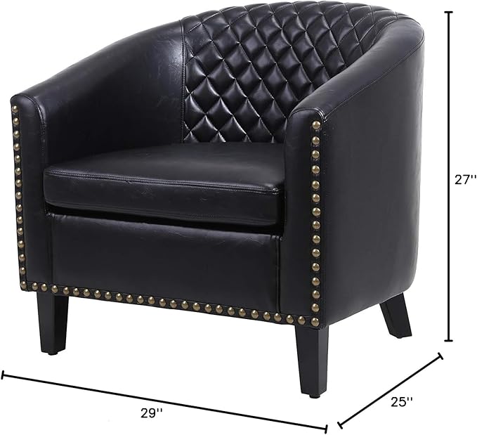 Accent Barrel Chair Living Room Chair with Nailheads and Solid Wood Legs Black pu Leather