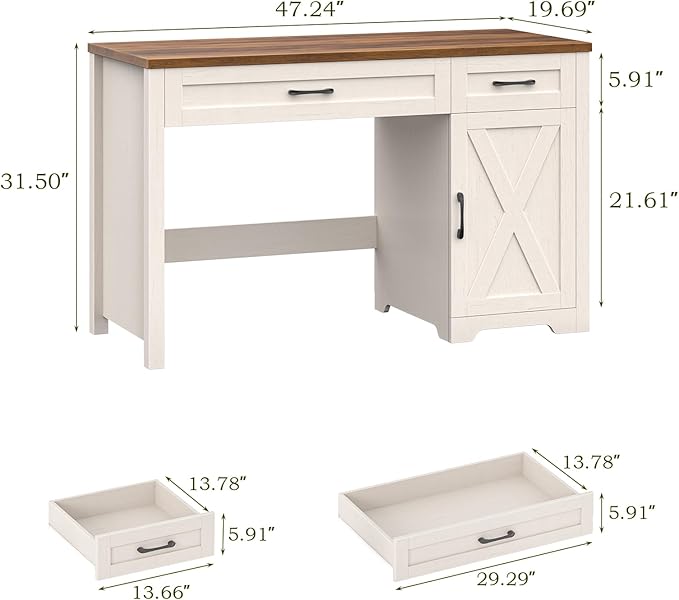 Vabches Farmhouse 47 Executive DeskComputer Desk with Drawers and Storage Cabinet Home Office Desk for Work and Study.