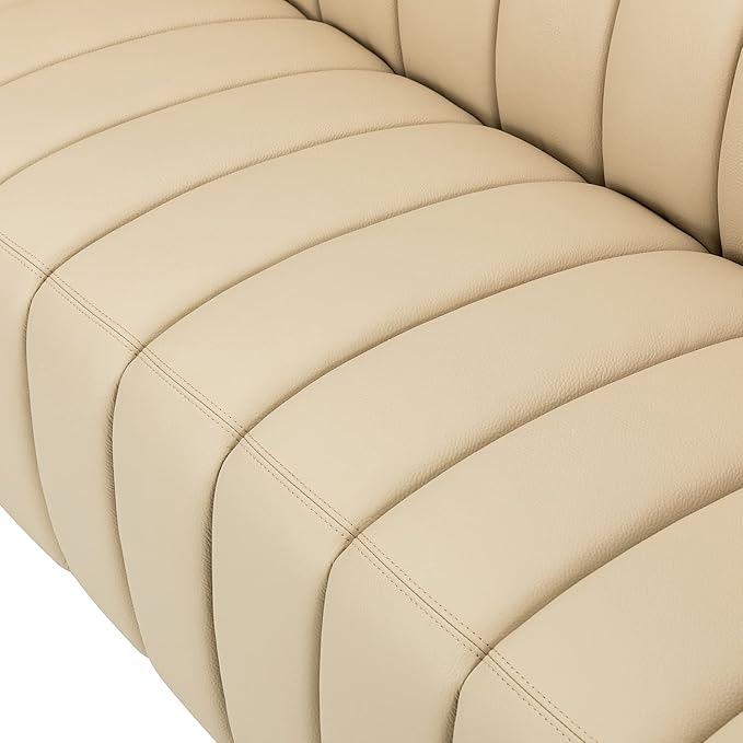 HULALA HOME 83 Genuine Leather Sofa with Channel Tufted Design 3-Seater Sofa for Living Room Bedroom Modern Oversized Couch with Wood Legs Beige
