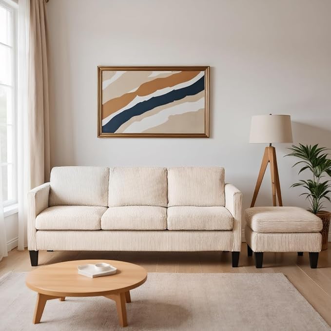 KEIKI 67 L-Shaped Sofa with Soft Padded Corduroy – Apartment-Friendly Sectional Couch with Memory Foam Compact Layout for Small Spaces Modern Style for Studios &amp Condos