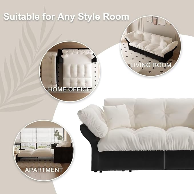 74.8 3-in-1 Folding Convertible Sleeper Tufted Couch with 2 Soft Pillows Velvet Pull Out Sofa Bed Multi-Functional Loveseat Bed Beige