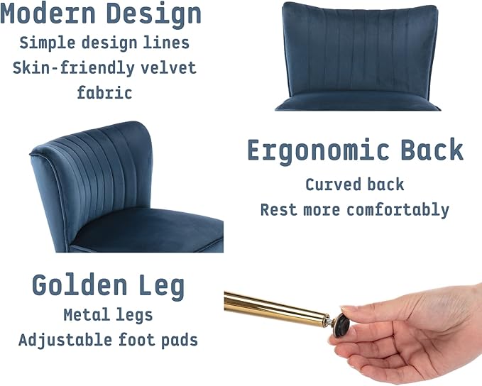 Blue Velvet Accent Chairs Set of 2 with Golden Legs Upholstered Side Chairs Mid-Century Modern Slipper Chairs for Guest Room Comfy Armless Wingback Corner Single Sofa Living Room Chairs