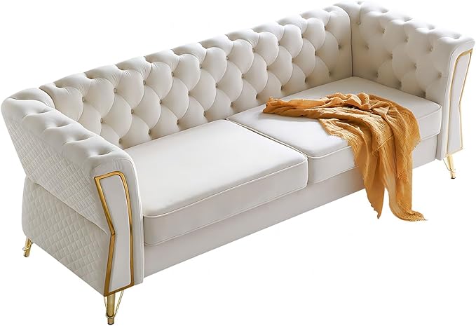 Modern Velvet Sofa Couch for Living Room 87.4 Inch Long Tufted Unique Upholstered Couch Oversized Sofa Decor Furniture with Golden Metal Legs (Beige)