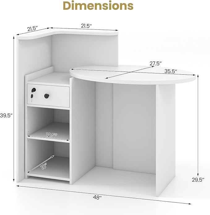 Reception Desk Small Retail Checkout Counter with Lockable Drawer and Open Shelves Wooden Front Desk Reception Counter Oval Desktop &amp L Counter for Store Office Lobby Salon (White)