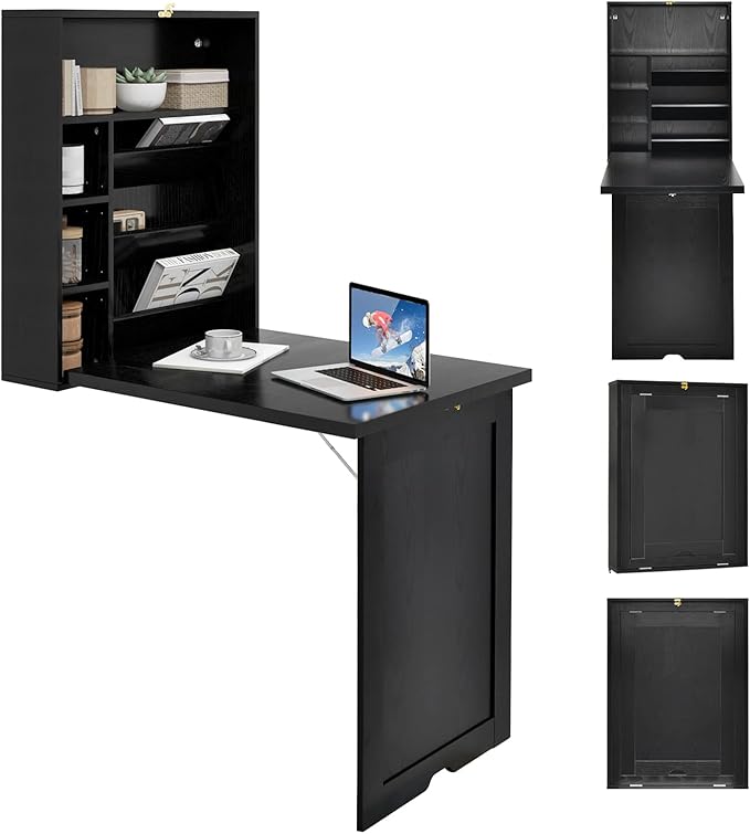 GOFLAME Wall Mounted Folding Desk with 3-Tier Tilt Storage Partition and Adjustable Shelves Space-Saving Convertible Writing Desk for Home Office Black