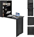 GOFLAME Wall Mounted Folding Desk with 3-Tier Tilt Storage Partition and Adjustable Shelves Space-Saving Convertible Writing Desk for Home Office Black