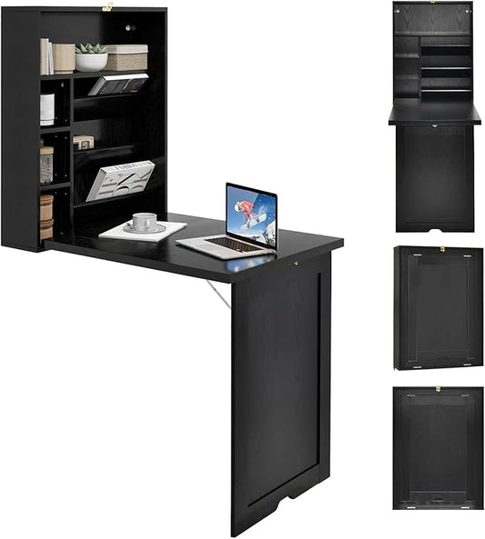 GOFLAME Wall Mounted Folding Desk with 3-Tier Tilt Storage Partition and Adjustable Shelves Space-Saving Convertible Writing Desk for Home Office Black