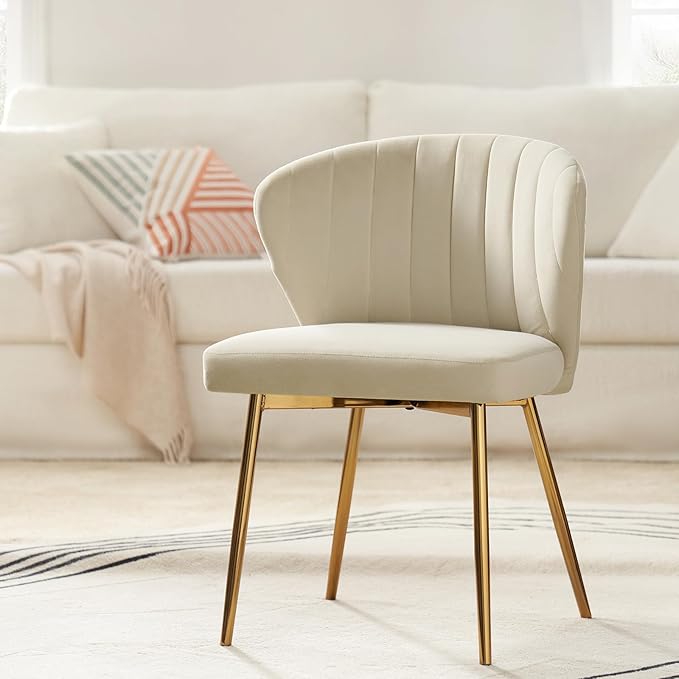 HULALA HOME Dining Chairs Set of 2 Velvet Upholstered Kitchen &amp Dining Room Chairs with Metal Legs Vanity Chair Armless Side Chairs for Living Room Bedroom Restaurant Channel Curved Backrest Tan