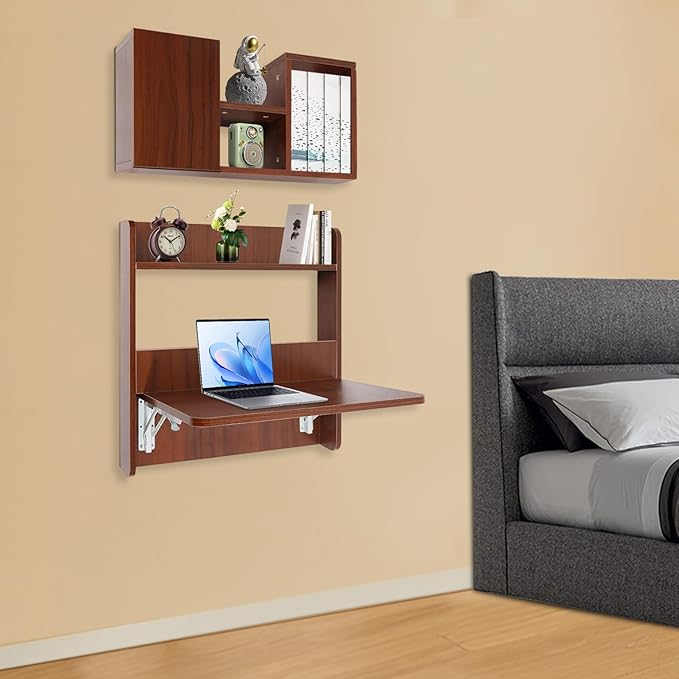 LOYALHEARTDY Wall-Mounted Computer Desk Floating Office Desk with Foldable Tabletop Fold-Up Desktop Writing Desks with Shelves &amp Storage for Home Office and Study Small Spaces (Walnut)