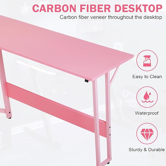 51 Inch L Shaped Gaming Desk Corner Computer Desk with Detachable Monitor Stand for Home Office Learning Gaming WorkstationPink