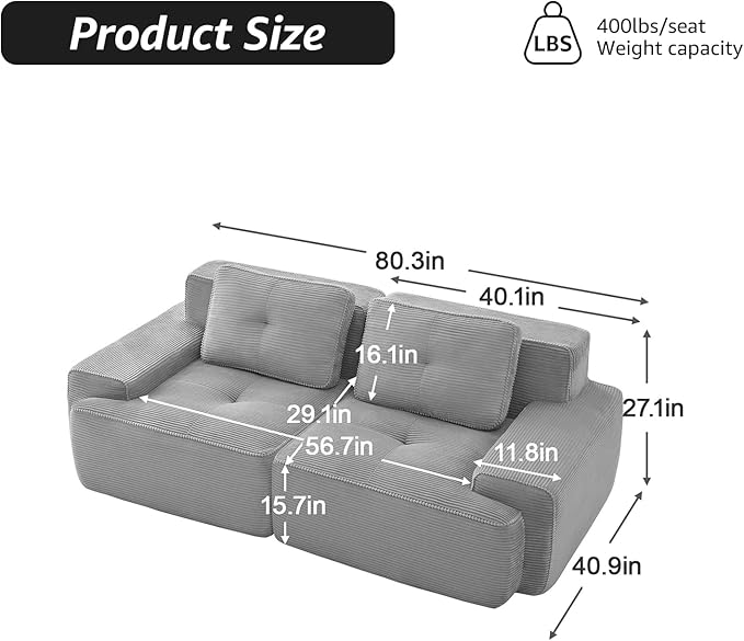 80 Modern Love Seat Boneless Couches for Living Room Corduroy Cloud Couch Sectional with Deep Seat Black Modular Sectional Sofa Loveseat Sofas for Living Room Sofas para Sala (Black 2 Seater)