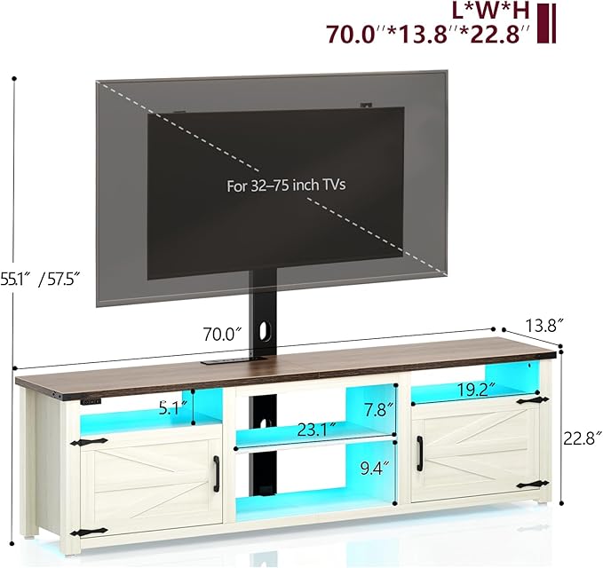 Farmhouse TV Stand with Mount and Charging Station LED Lights 70 Entertainment Center with Height Adjustable Swivel Mount and Barn Doors Storage Cabinets for TVs Up to 75 inch