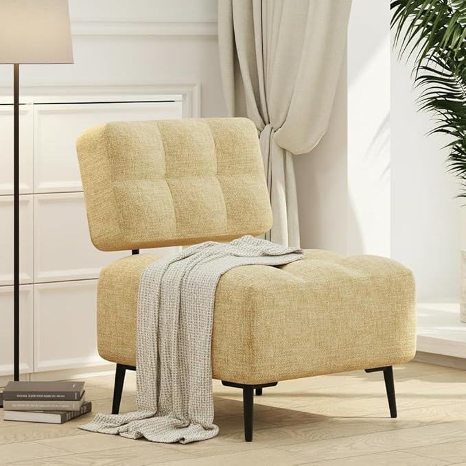 EROMMY Accent Chair Armless Mid Century Modern Chair with Thick Cushion &amp Metal Legs Polyester Leisure Chair Comfy Side Corner Chairs for Living Room Bedroom Study Room Entryway (Yellow)