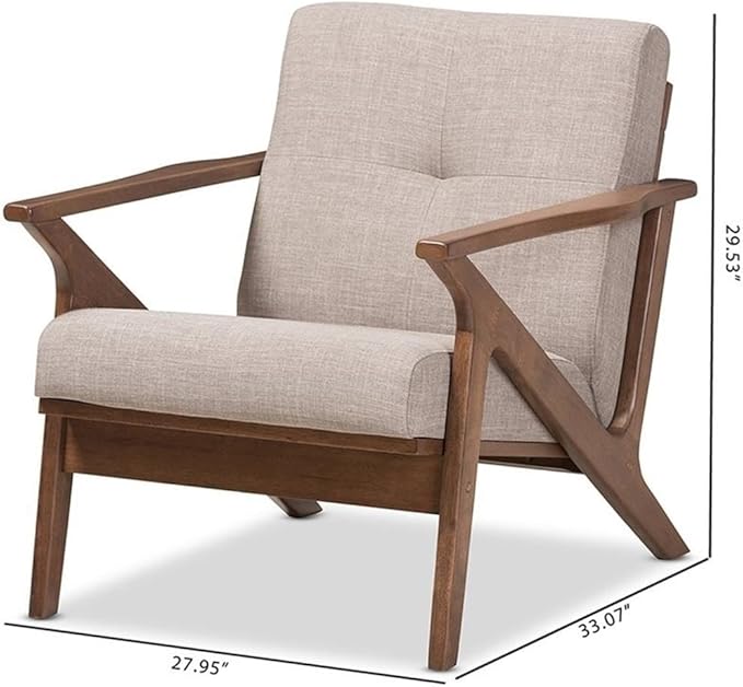 BOWERY HILL Tufted Accent Arm Chair Gray Polyester Upholstery Walnut Brown Rubber Wood Frame Mid-Century Modern Style Removable Cushions 29.53 H x 27.95 W x 33.07 D Living Room Seating