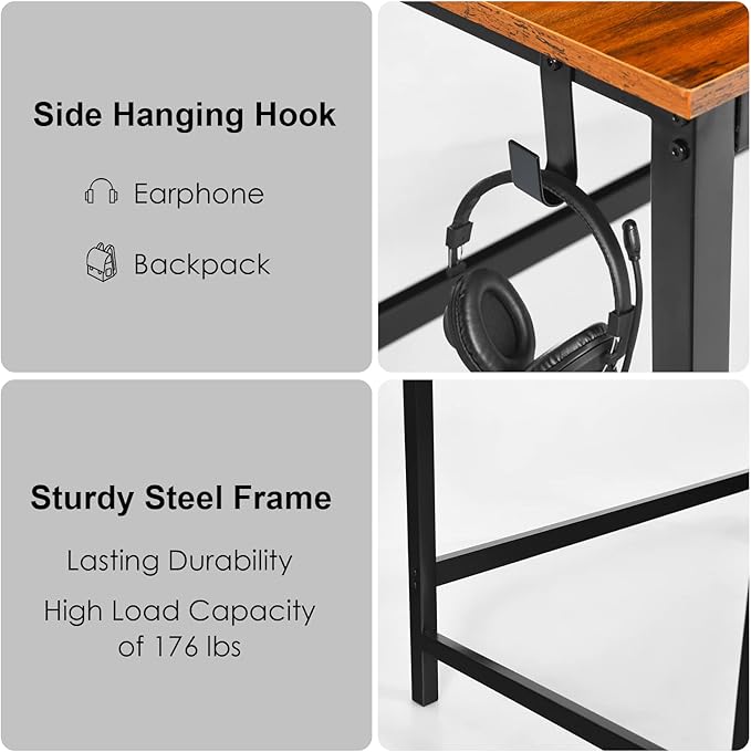 COSTWAY 59” Computer Desk with 2 Removable Storage Shelves Industrial Writing Workstation with Headphone Hook for Home Office Gaming Desk (Rustic Brown)