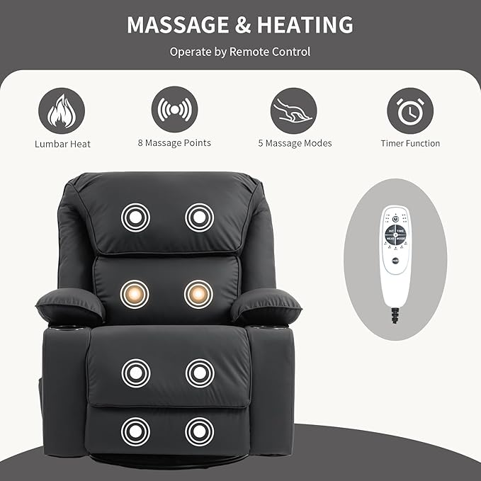 Leather Recliner Chair Rocker Massage Recliner Chair with Massage and Heat Swivel Manual Recliners Chairs with Cup Holders for Living Room(Leather Black)