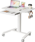 Monomi Mobile Standing Desk with Drawer 28 Rolling Desk with Cup Holder and Hooks Portable Laptop Cart on Wheels Height Adjustable Workstation with Storage for Home Office White Furniture
