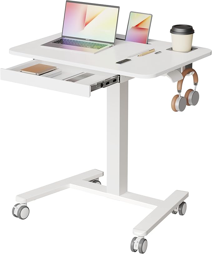 Monomi Mobile Standing Desk with Drawer 28 Rolling Desk with Cup Holder and Hooks Portable Laptop Cart on Wheels Height Adjustable Workstation with Storage for Home Office White Furniture