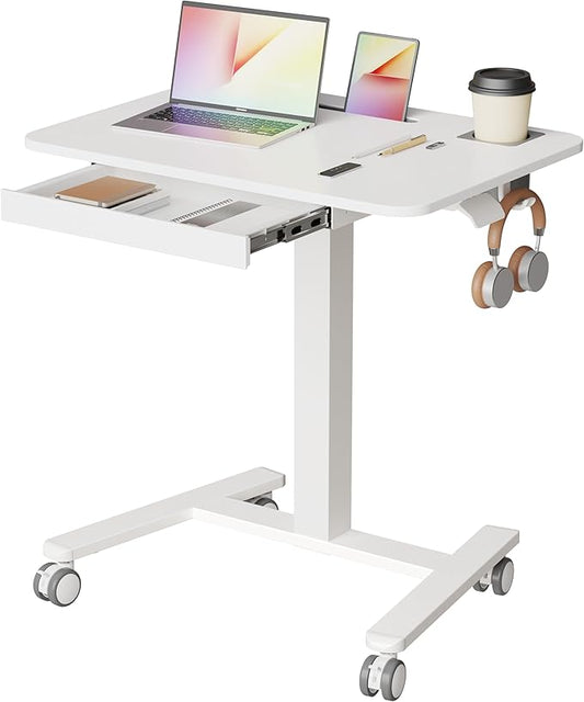 Monomi Mobile Standing Desk with Drawer 28 Rolling Desk with Cup Holder and Hooks Portable Laptop Cart on Wheels Height Adjustable Workstation with Storage for Home Office White Furniture