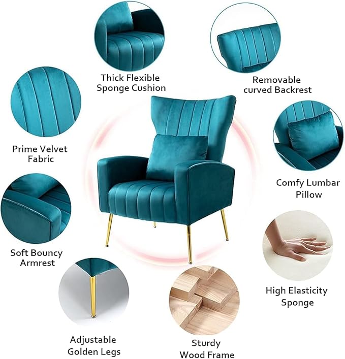 Velvet Accent Chair for Living Room Bedroom Modern Arm Chair with Wingback &amp Gold Metal Legs Lumbar Pillow Included Dark Teal