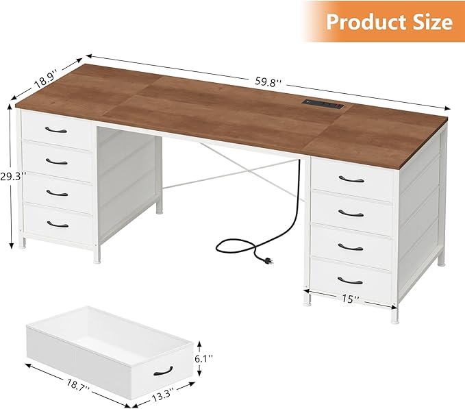 60 Inch Computer Desk with 8 Drawers Home Office Desk with Power Outlets Work Study Gaming Desk with 8 Fabric Drawers Brown and White