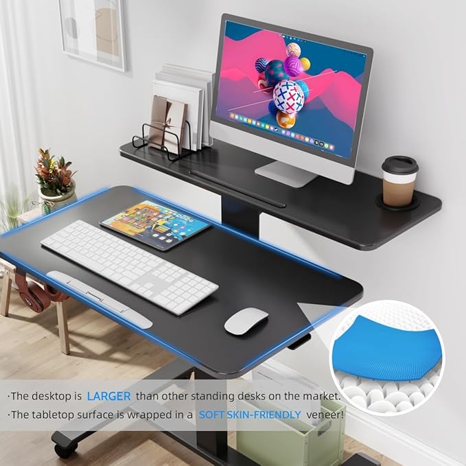 Pneumatic Standing Desk with Wheels - Adjustable Height 28 - 46 &amp 0-90° Tilt 31.5 x 17.7 Skin-Feel Desktop Rolling Computer Desk for Home Office Hospital School (Black)