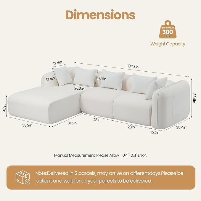 117’’ Chenille Fabric Boneless Couches for Living RoomModular Sectional Cloud Sofa |Fluffy Chenille Deep Seat No-Assembly Memory Foam Comfy Cloud Couch with L-Shaped Chaise (Beige)