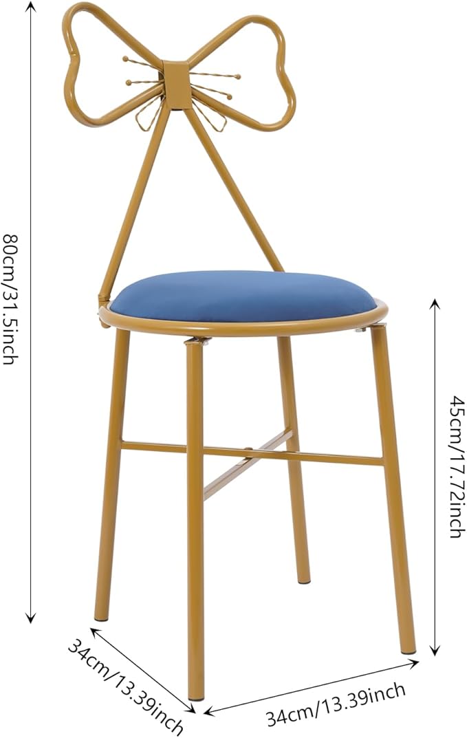 Modern Vanity Chair Stool Cute Butterfly Makeup Chair with Backrest Creative Gold Metal Bow Chairs for Living Rooms Bedrooms Kitchen Terraces Office (Blue)