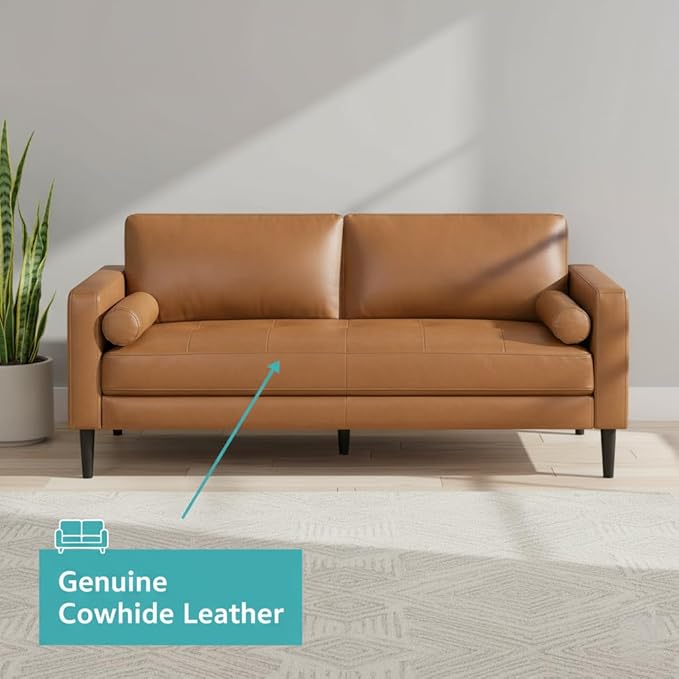 Naomi Home Genuine Leather Sofa - Revel in Exquisite Leather Opulence - Unparalleled Luxury Mid Century Sofa Embodiment of Cozy Lounging and Contemporary Design Tan