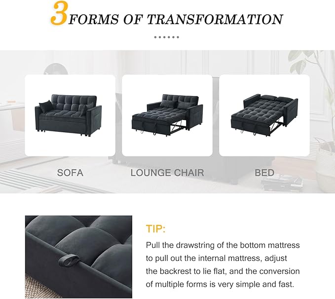 Futon Sofa BedModern 3 in 1 Convertible Sleeper Sofa Pull Out Couch Bed with Adjustable Backrest Storage Pockets and Toss Pillows for Living Room Bedroom (Black)