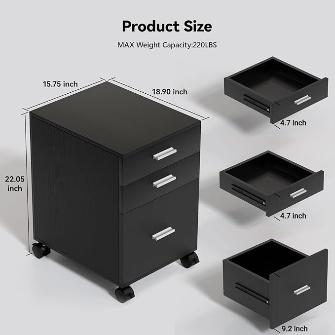 3 Drawer File CabinetMobile on WheelsPre-Assembled Black Wooden Storage Organizer for A4/Letter FilesUnder Desk Printer Stand19 L x 16 W x 22 H