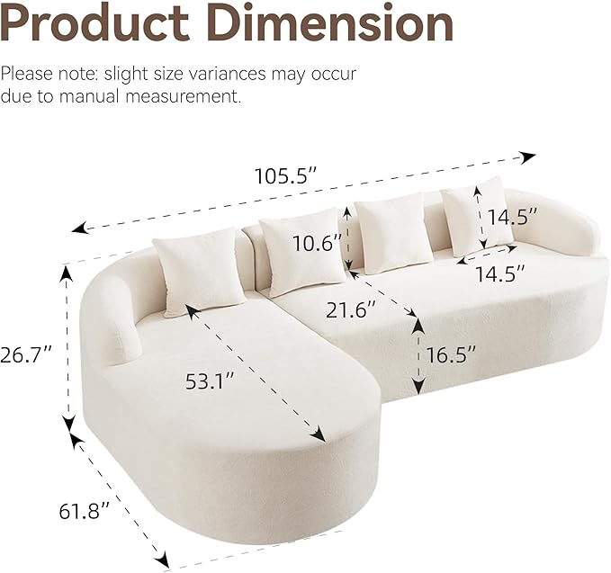 105.5 Boneless Curved Couch L Shaped 4-Seater Cloud Couch with Deep Seat Chaise Oversized Curved Sofa Chenille Modular Sectional Couches for Living Room No Assembly Beige