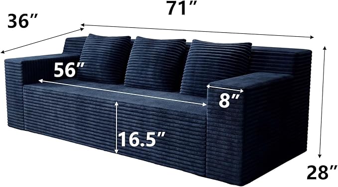 71 Small Boneless Couch Corduroy 3 Seater Couch for Living Room with 3 Pillows &amp Armrests Deep Seat Sofa for Small Spaces Apartment﻿ (Antique Blue) | Small Boneless Couch
