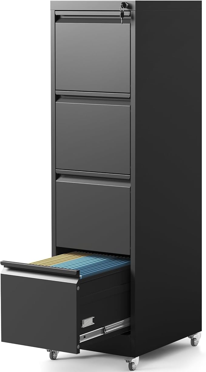 4 Drawer File Cabinet with Wheels Metal Mobile Filing Cabinets with Lock Vertical File Cabinet for Home Office Rolling Storage Cabinet for A4/Letter/Legal Size File Assembly Required Black