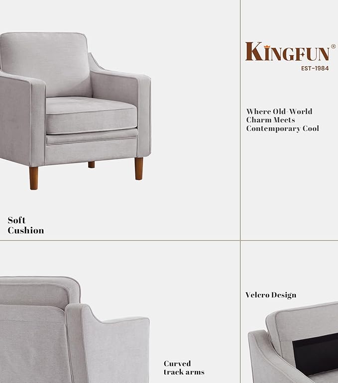 Kingfun Accent Chair Living Room Chairs Mid Century Reading Armchair Chenille with Solid Wood Foot Upholstered Modern Decor for Bedroom Apartment Silver Gray