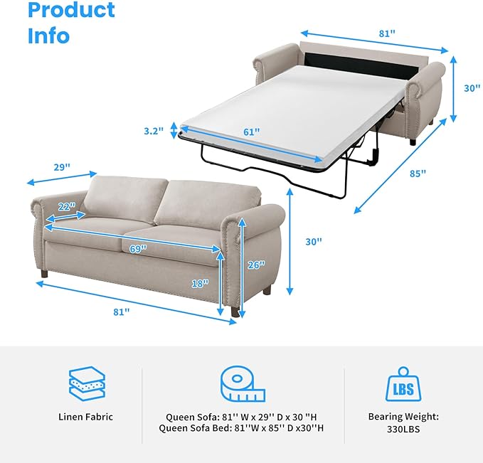 PUREMIND 2-in-1 Queen Pull Out Sofa Bed Convertible Couch Bed Couch with Pull Out Beds Upholstered Sleeper Sofa Beds Loveseat Sleeper Couches for Living Room Apartment and Small Spaces
