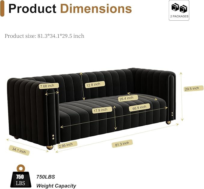 Modern Velvet Sofa SetMid-Century Accent Chair Loveseat Small Space Couch for Apartment Living Room Orange/Green/Black Velvet Upholstery High Back with Metal Legs Sofa (Black 3 Seater)