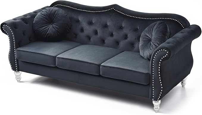 Maykoosh Velvet Sectional Sofa Tufted Living Room Couch Ruched Arm Style - 82 Wide Black