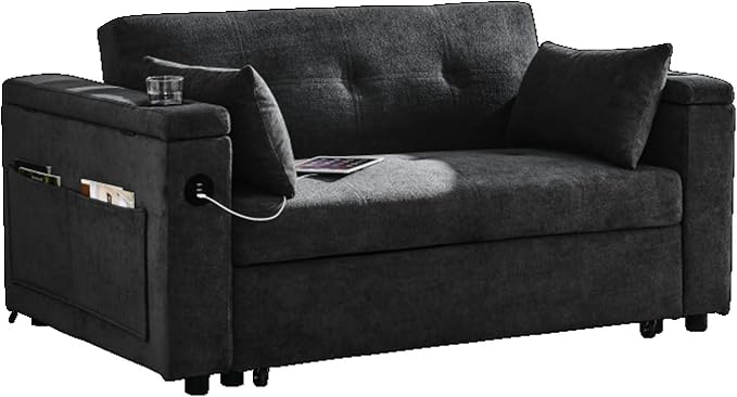 Convertible Sleeper Sofa Bed Pull-Out Recliner Couch with Adjustable Backrest Storage Armrests Side Pockets Cup Holders USB Charging Ports Chenille Loveseat for Living Room Use (Grey)