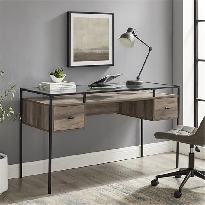 Pemberly Row 56 2-Drawer Writing Desk Tempered Glass Top and Gray Wash Finish Mixed Materials with Metal Frame Modern Executive Desk for Home Office or Workspace Use
