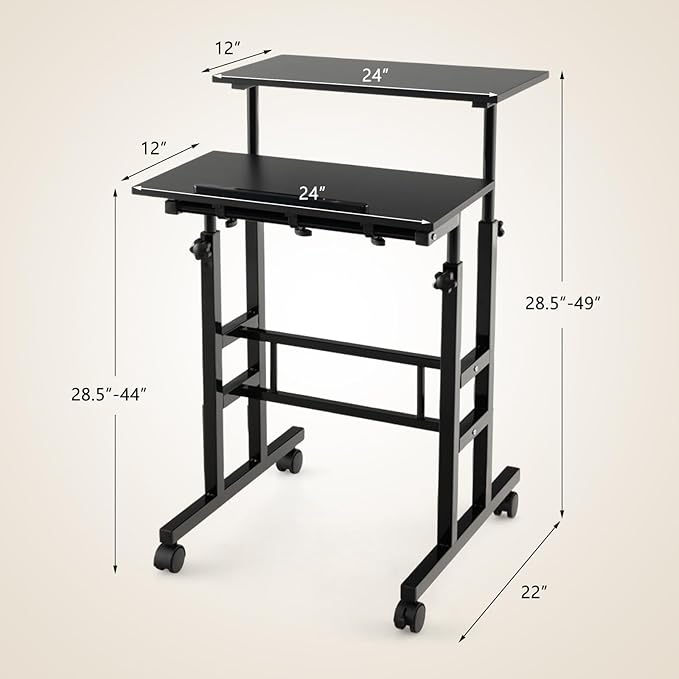 Standing Desk Height Adjustable Sit-Stand Desk with Tiltable Desk Top Rolling Laptop Stand &amp Workstation Mobile Stand up Computer Desk on Wheels for Small Spaces Home &amp Office (Black)