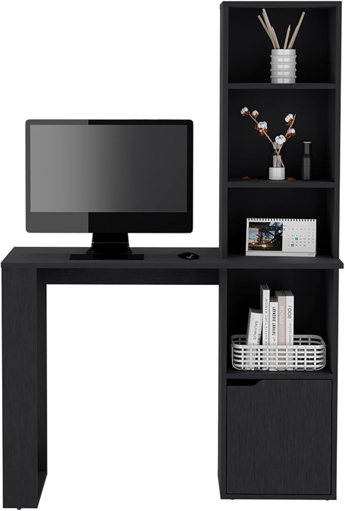 Black Office Desk with Four-Tier Bookcase &amp Cabinet - Modern Home Office Storage
