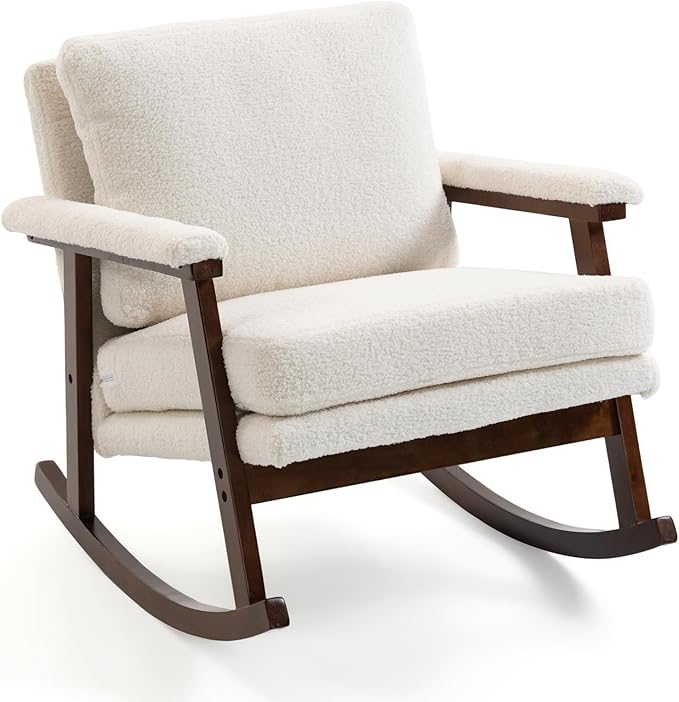 Rocking Chair for Nursery Living Room &amp Bedroom Upholstered Accent Chair with Solid Rubberwood Frame Cozy Reading Chair for Small SpacesWhite