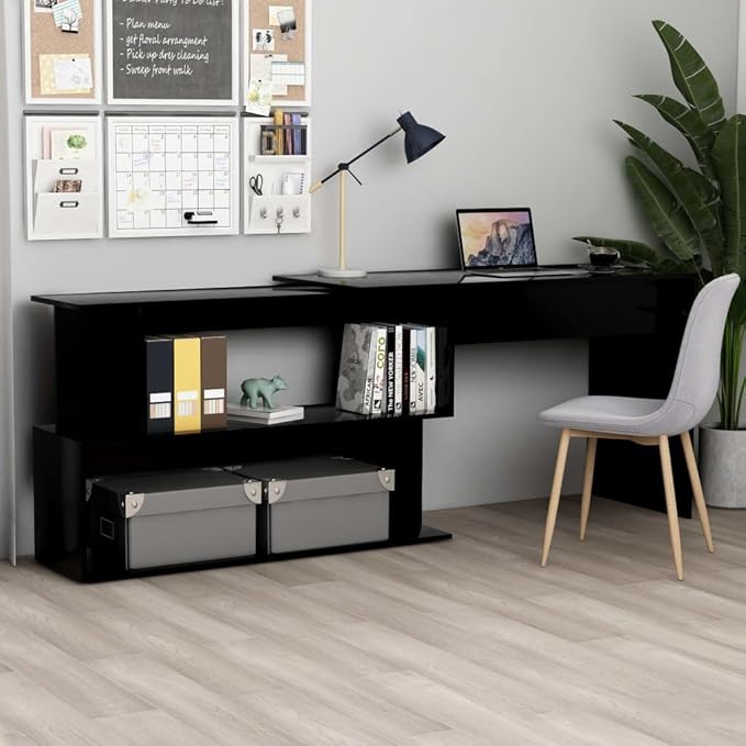 Rotatable Corner Desk Modern Writing Computer Desk Home Office Desk Writing Study Table PC Desk Workstation for Bedroom High Gloss Black 78.7x19.7x29.9 Engineered Wood(G)