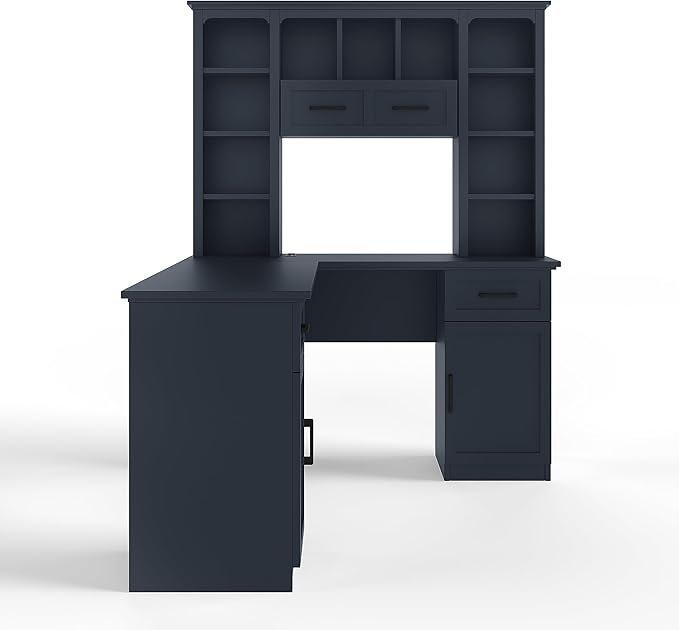 L Shaped Office Desk with Hutch and Drawers Farmhouse Home Office Desk with Cabinets and Open Shelves Corner Gaming Desk for Study Living Room Antique Blue