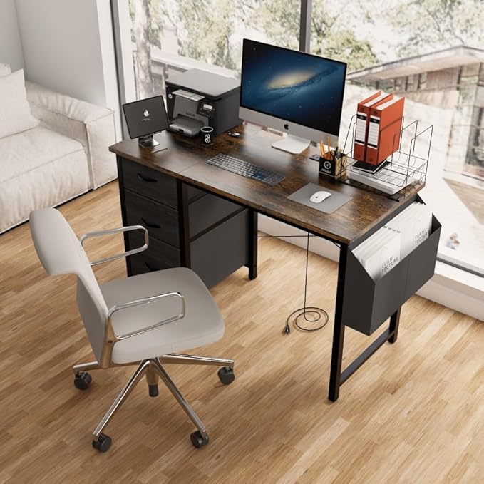 Office Desk with Power Outlet3drawers and Side Pocket Easy to AssembleFrame Stability Reversible for Home Office StudyRustic Brown