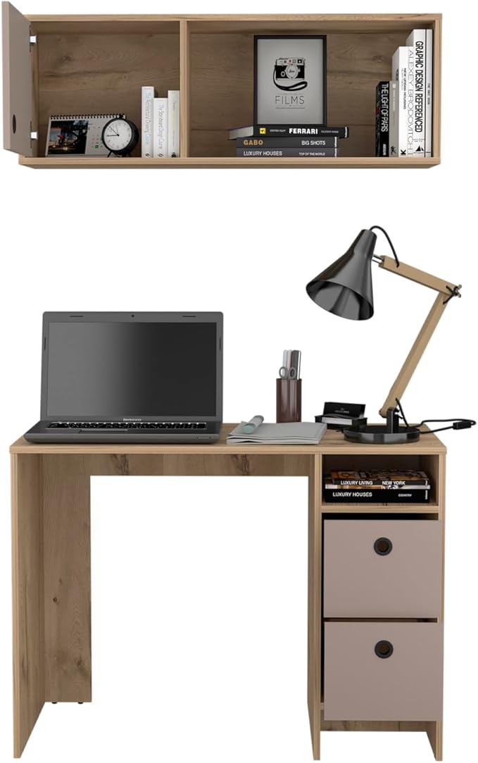 Khali 2-Pc Office Set - Light Oak/Taupe: Spacious Desk &amp Wall Cabinet for a Home Office
