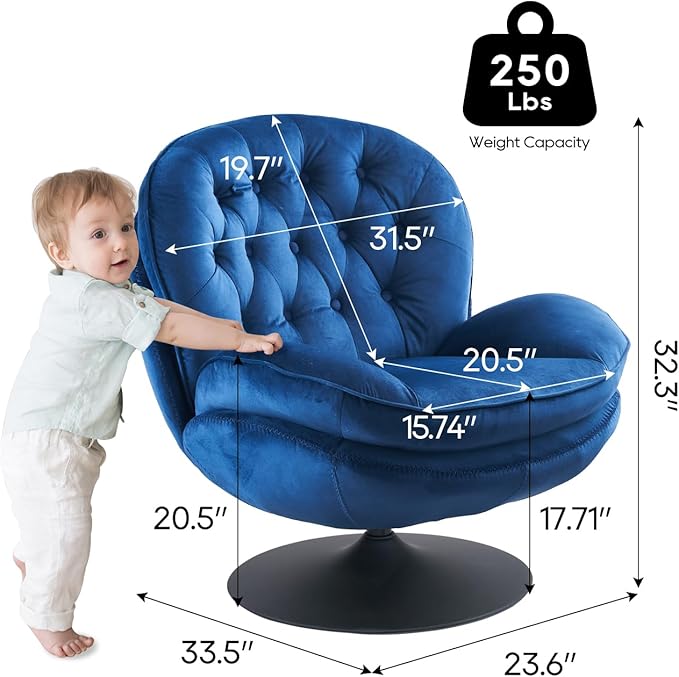 Velvet Swivel Accent Chair with Ottoman Set Modern Tufted Armchair with Footrest for Living Room Reading TV Chair for Adults Comfy Chaise Lounge Chairs with 360 Degree Swiveling for Bedroom Blue