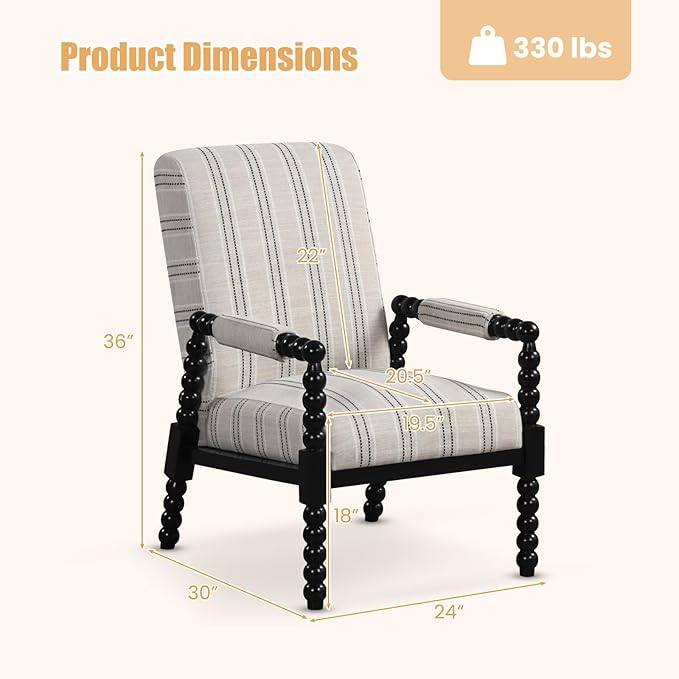 Giantex Mid Century Modern Spindle Accent Chair Upholstered Armchair w/Rubber Wood Frame Ergonomic Backrest &amp Fabric Covered Armrests Comfy Single Sofa Chair for Reading Living Room Bedroom