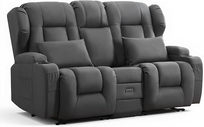 Loveseat Recliner SofaRV Wall Hugger Recliners for Small SpacesReclining Loveseat Sofa Recliner with Cup Holders/Lumbar PillowsRV Furniture (Dark Gray Loveseat with Flip-up Console)